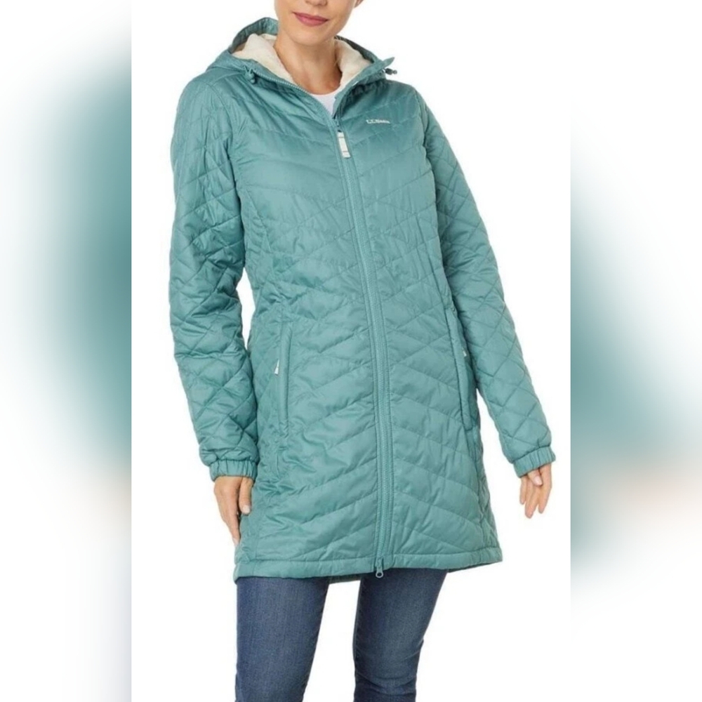 LL Bean Women Fleece Lined Primaloft Coat Blue Zip Quilted Hood XS PET $199 NWOT